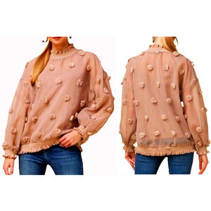 ENTRO Women's Pink Coral Sheer Pom-Pom Long Bishop Sleeve Blouse Size Large